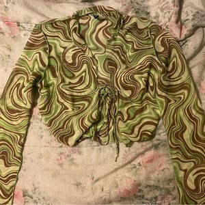70s-esque green and brown long sleeve blouse/top